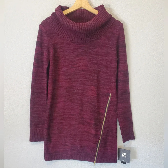 💚5/$25 NWT IZ Byer Cowel Neck Asymmetrical Zipper Long Tunic Sweater Mini Dress - Picture 1 of 6